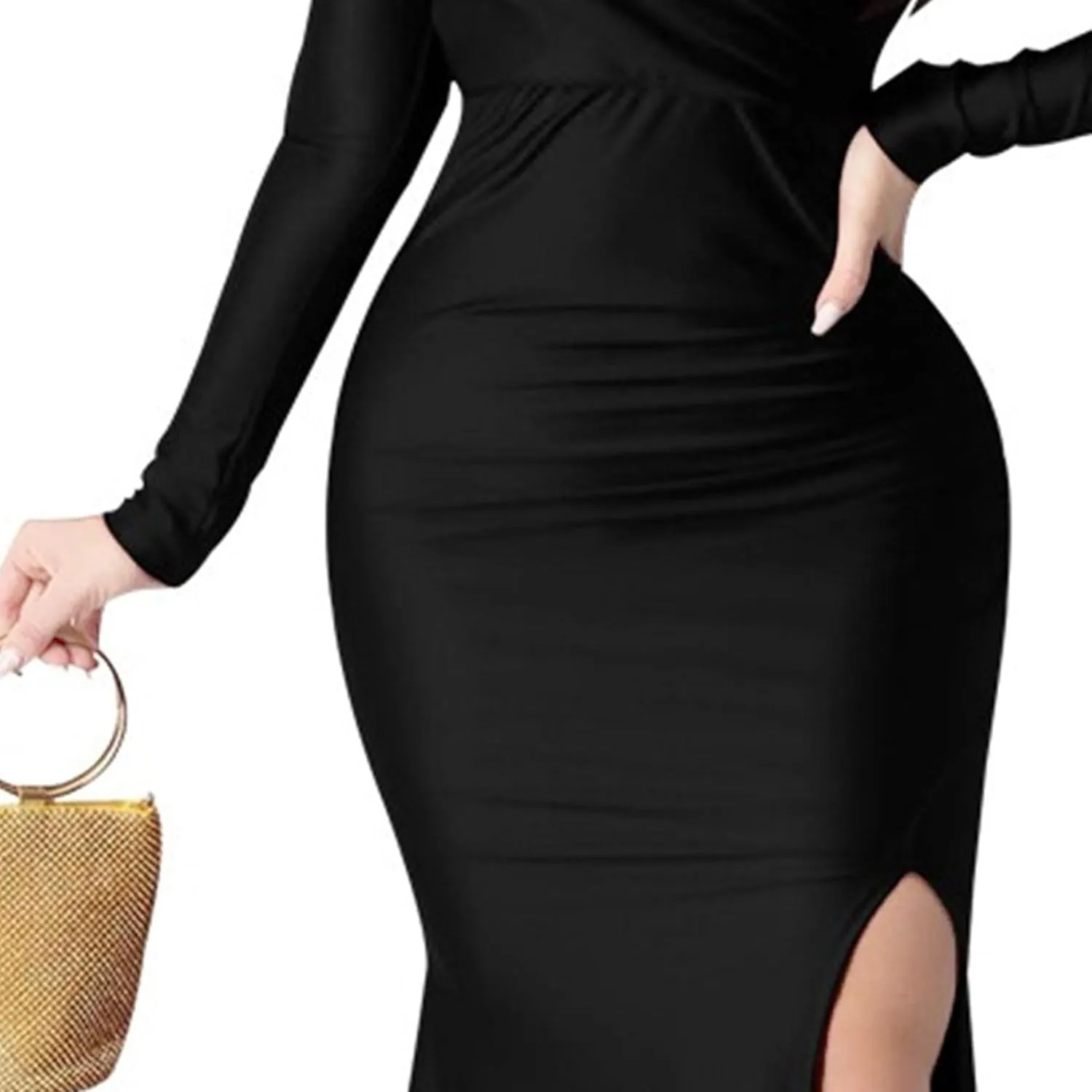 Women's V Neck Off Shoulder Club Party Dress Bodycon Fashion Split Hem Dress Ruched Satin Maxi Dresses