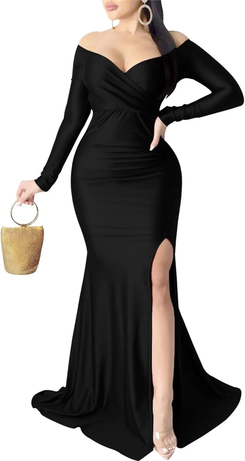 Women's V Neck Off Shoulder Club Party Dress Bodycon Fashion Split Hem Dress Ruched Satin Maxi Dresses