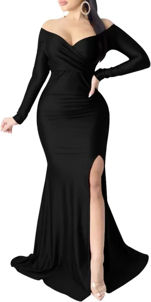 Women's V Neck Off Shoulder Club Party Dress Bodycon Fashion Split Hem Dress Ruched Satin Maxi Dresses