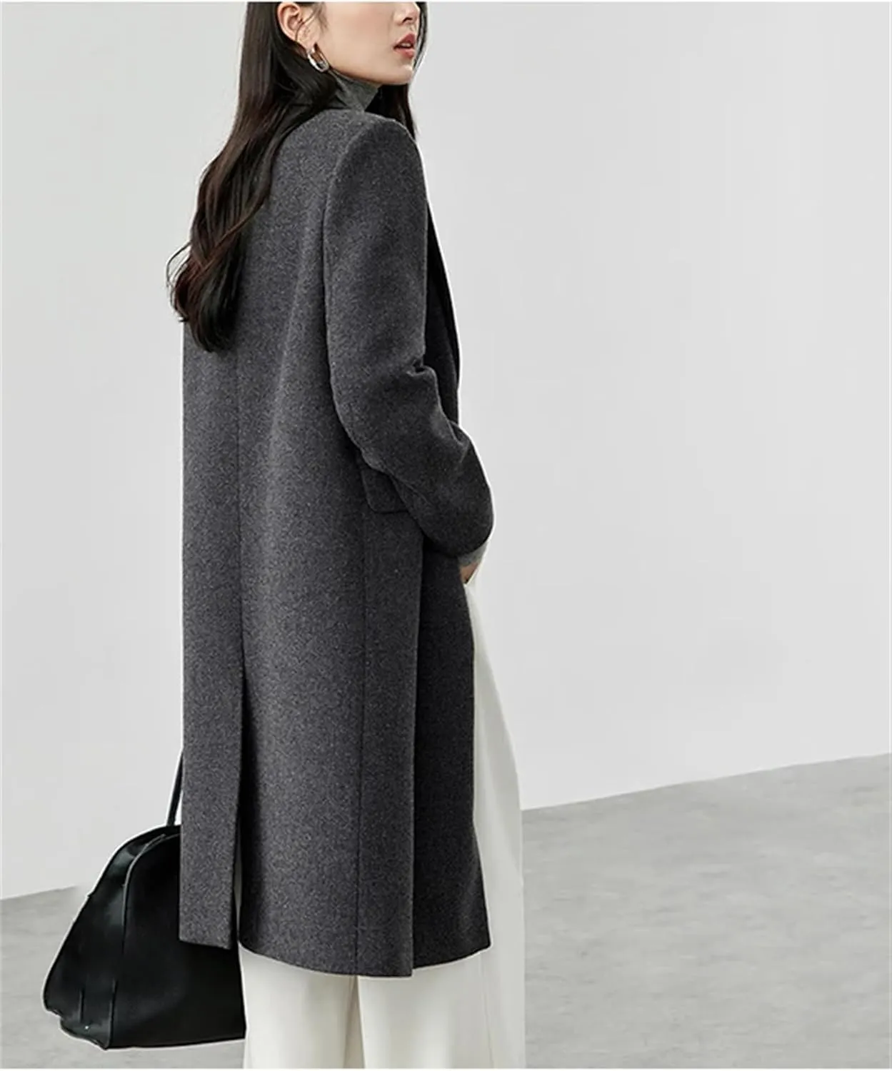 Women's Winter Straight Wool Blend Trench Coat Solid Warm Mid-Length Double Breasted Jacket Outerwears