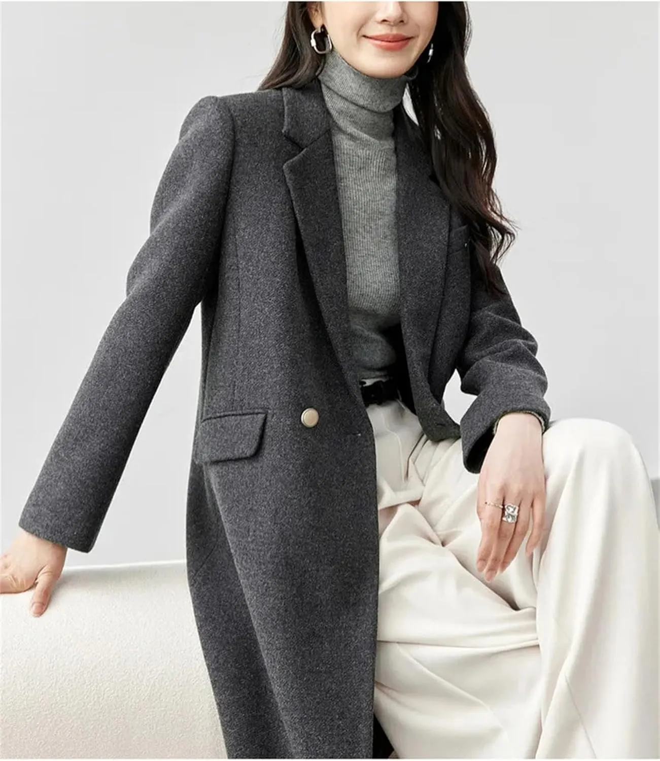 Women's Winter Straight Wool Blend Trench Coat Solid Warm Mid-Length Double Breasted Jacket Outerwears