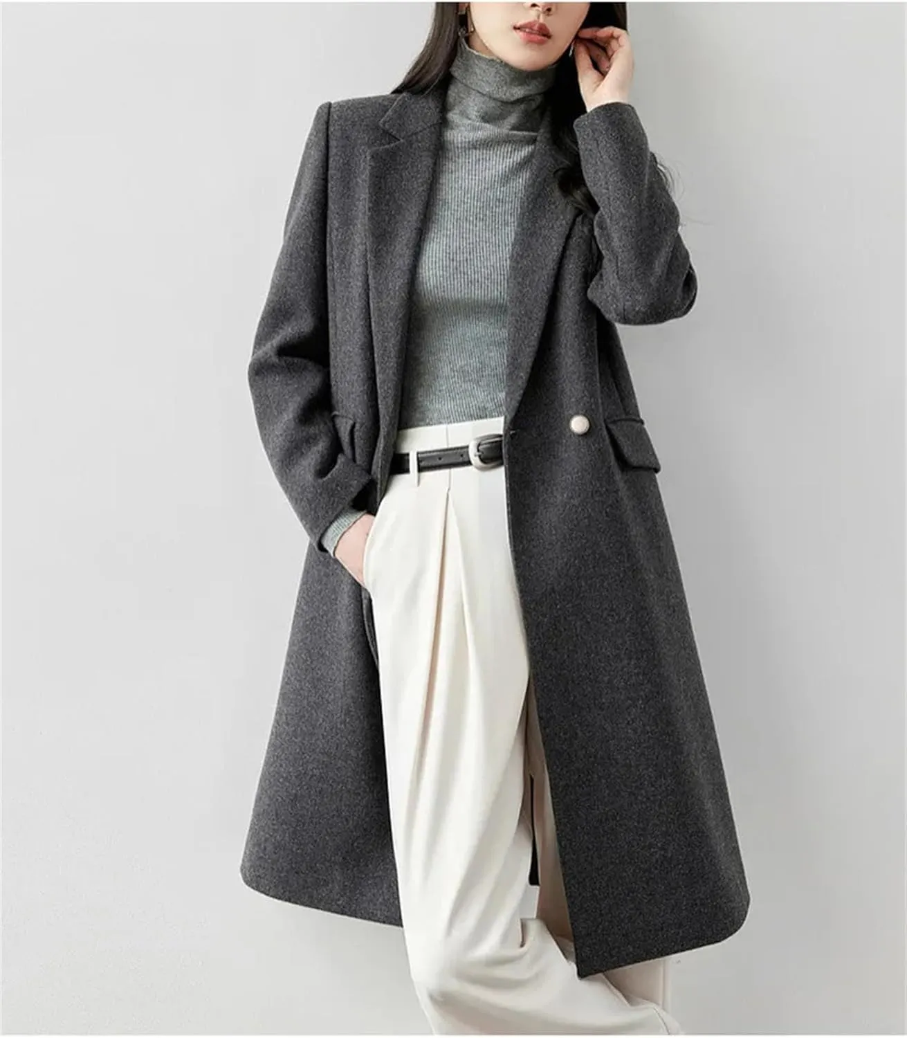 Women's Winter Straight Wool Blend Trench Coat Solid Warm Mid-Length Double Breasted Jacket Outerwears