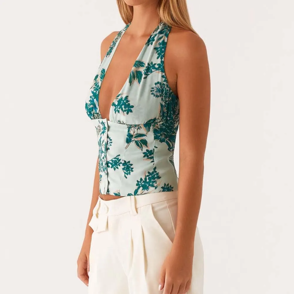 Women's Y2K Halter Crop Top Sexy Deep V Neck Tie Back Button Underbust Corset Tank Top Summer Going Out Vest Shirts