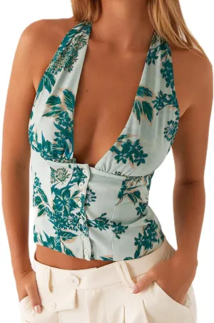 Women's Y2K Halter Crop Top Sexy Deep V Neck Tie Back Button Underbust Corset Tank Top Summer Going Out Vest Shirts