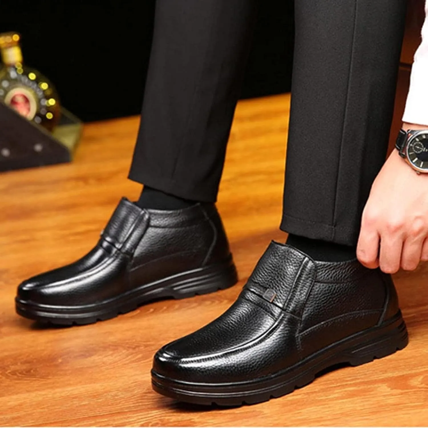 Yiozoi Men's Ankle Boots Winter Snow Proof Warm Plush High Top Leather Shoes Outdoor Walking Men's Leisure Work Boots
