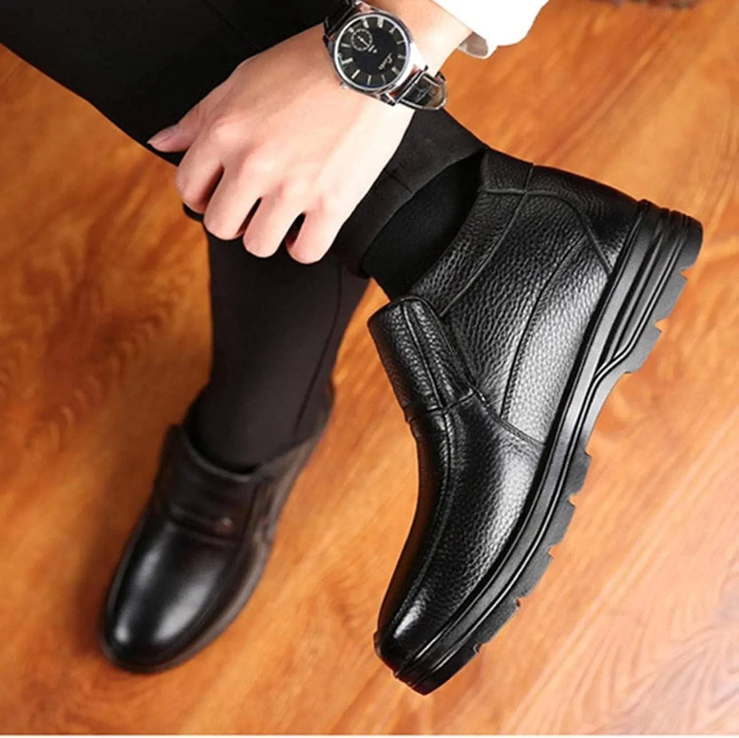 Yiozoi Men's Ankle Boots Winter Snow Proof Warm Plush High Top Leather Shoes Outdoor Walking Men's Leisure Work Boots