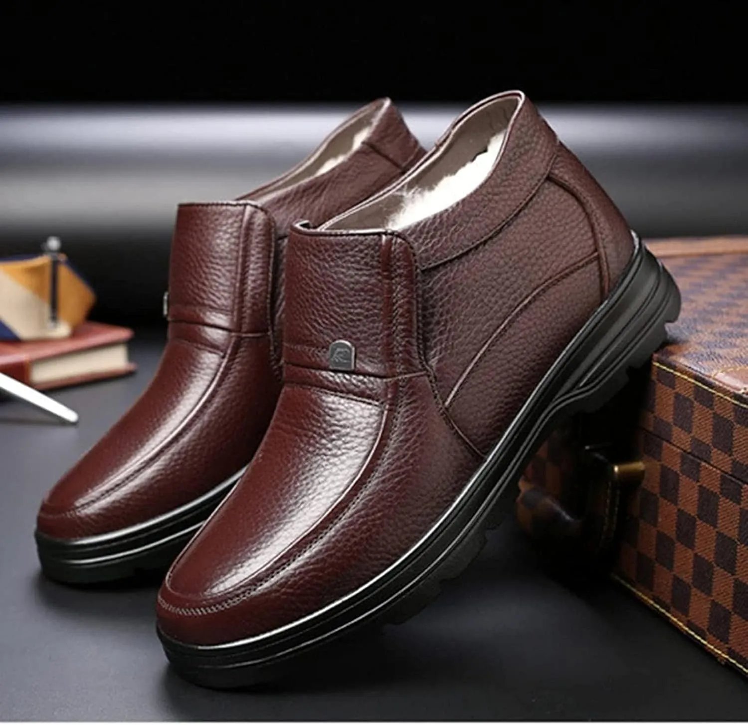 Yiozoi Men's Ankle Boots Winter Snow Proof Warm Plush High Top Leather Shoes Outdoor Walking Men's Leisure Work Boots