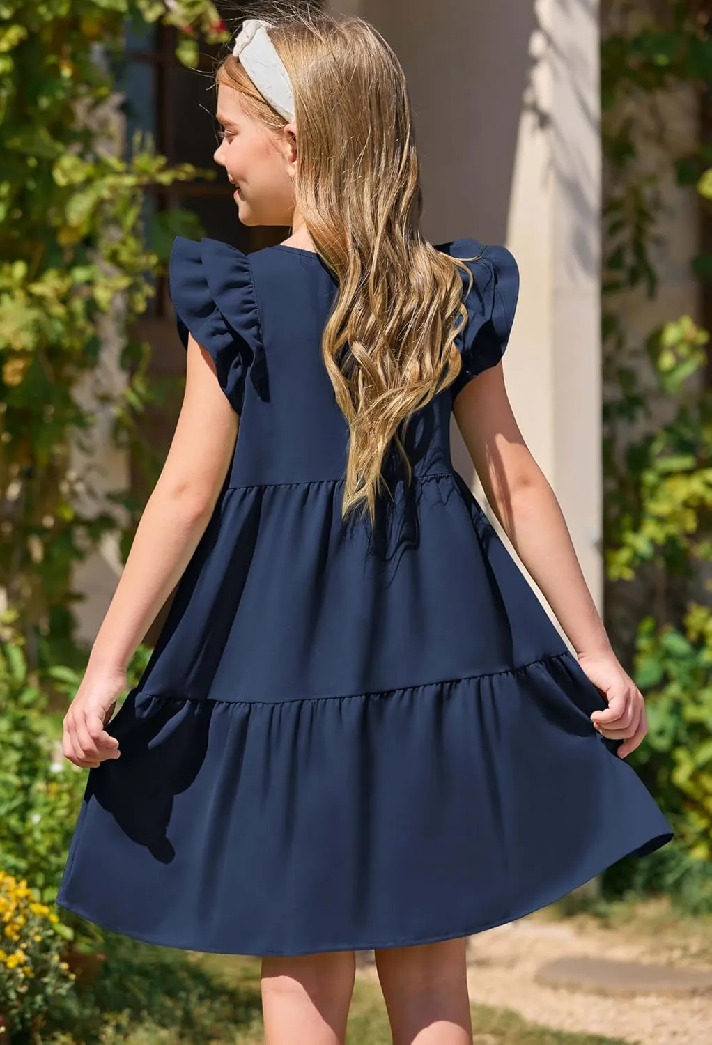 Yousify Girls Summer Dress V Neck Ruffle Sleeve Loose Casual Cute A-Line Dress Sundress Outfits Clothes 5-14 Years