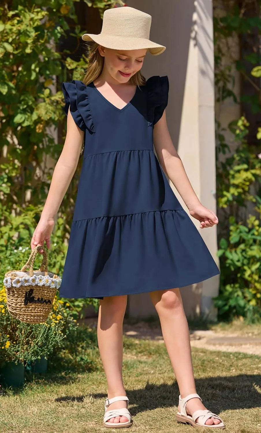 Yousify Girls Summer Dress V Neck Ruffle Sleeve Loose Casual Cute A-Line Dress Sundress Outfits Clothes 5-14 Years