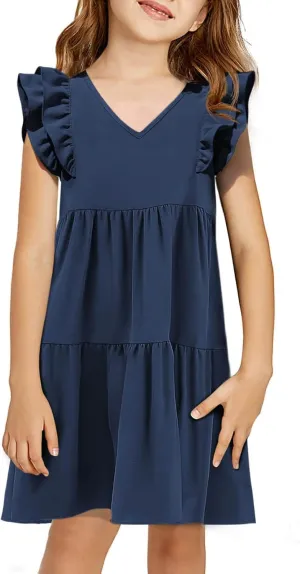 Yousify Girls Summer Dress V Neck Ruffle Sleeve Loose Casual Cute A-Line Dress Sundress Outfits Clothes 5-14 Years