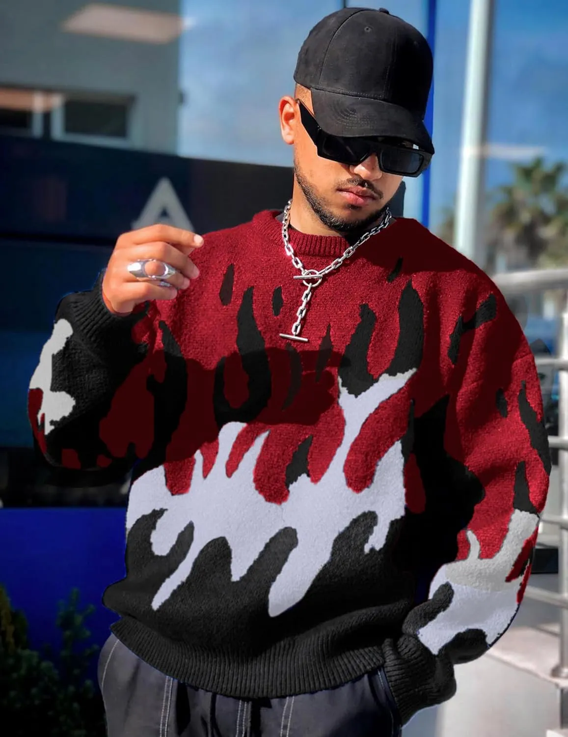 ZAFUL Mens Crewneck Oversized Sweaters Y2K Aesthetic Flame Graphic Knitted Sweater Casual Pullover Long Sleeve Jumpers