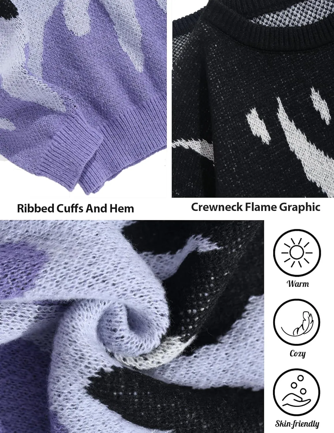 ZAFUL Mens Crewneck Oversized Sweaters Y2K Aesthetic Flame Graphic Knitted Sweater Casual Pullover Long Sleeve Jumpers