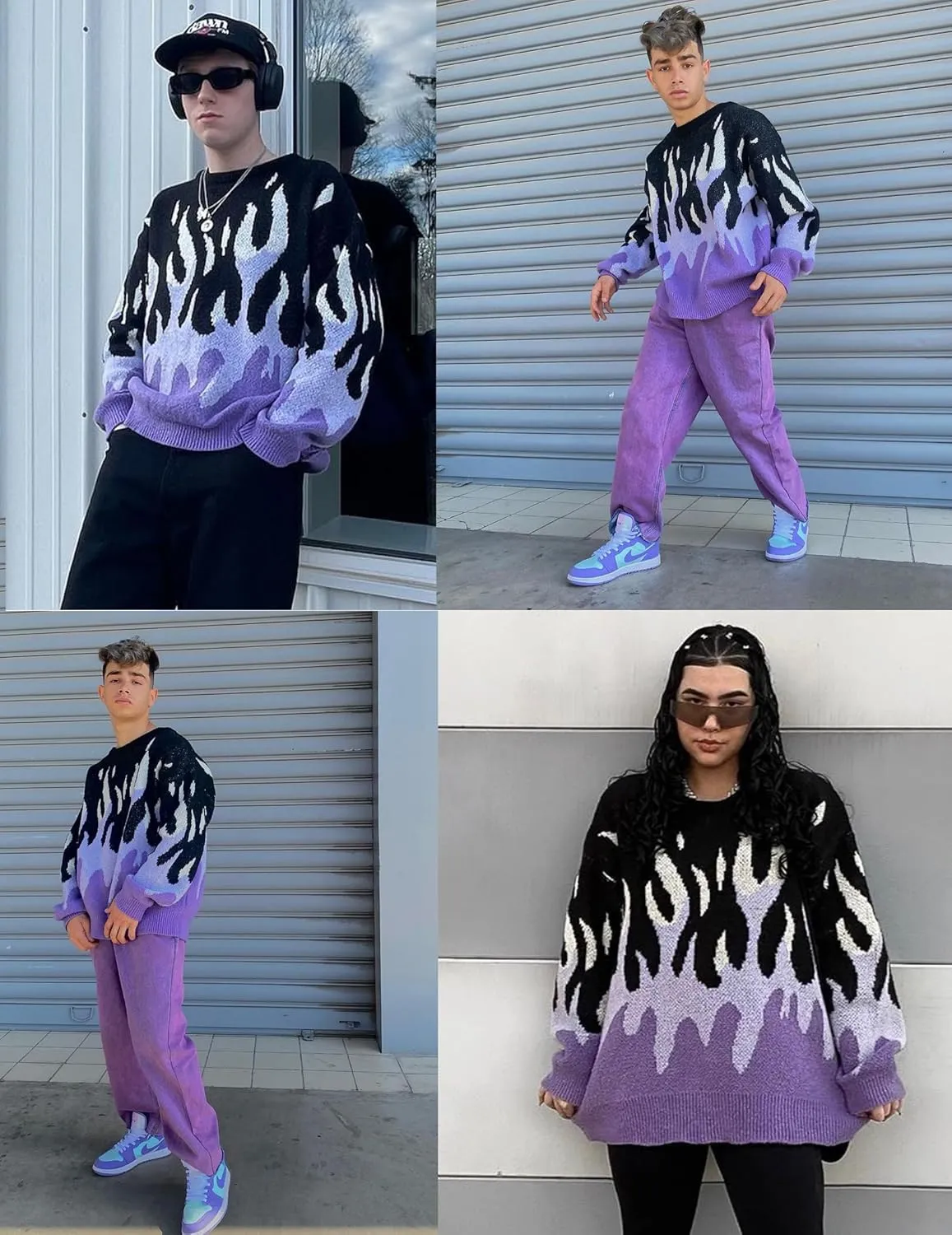 ZAFUL Mens Crewneck Oversized Sweaters Y2K Aesthetic Flame Graphic Knitted Sweater Casual Pullover Long Sleeve Jumpers