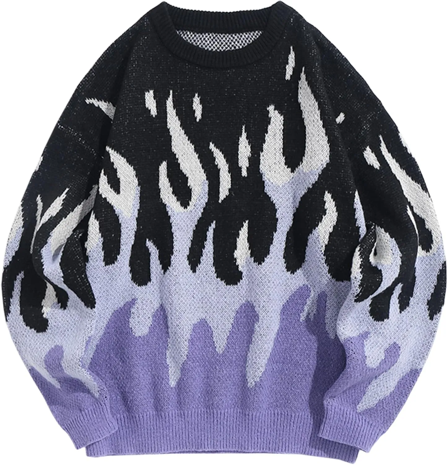 ZAFUL Mens Crewneck Oversized Sweaters Y2K Aesthetic Flame Graphic Knitted Sweater Casual Pullover Long Sleeve Jumpers