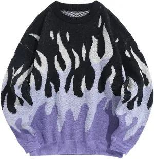 ZAFUL Mens Crewneck Oversized Sweaters Y2K Aesthetic Flame Graphic Knitted Sweater Casual Pullover Long Sleeve Jumpers