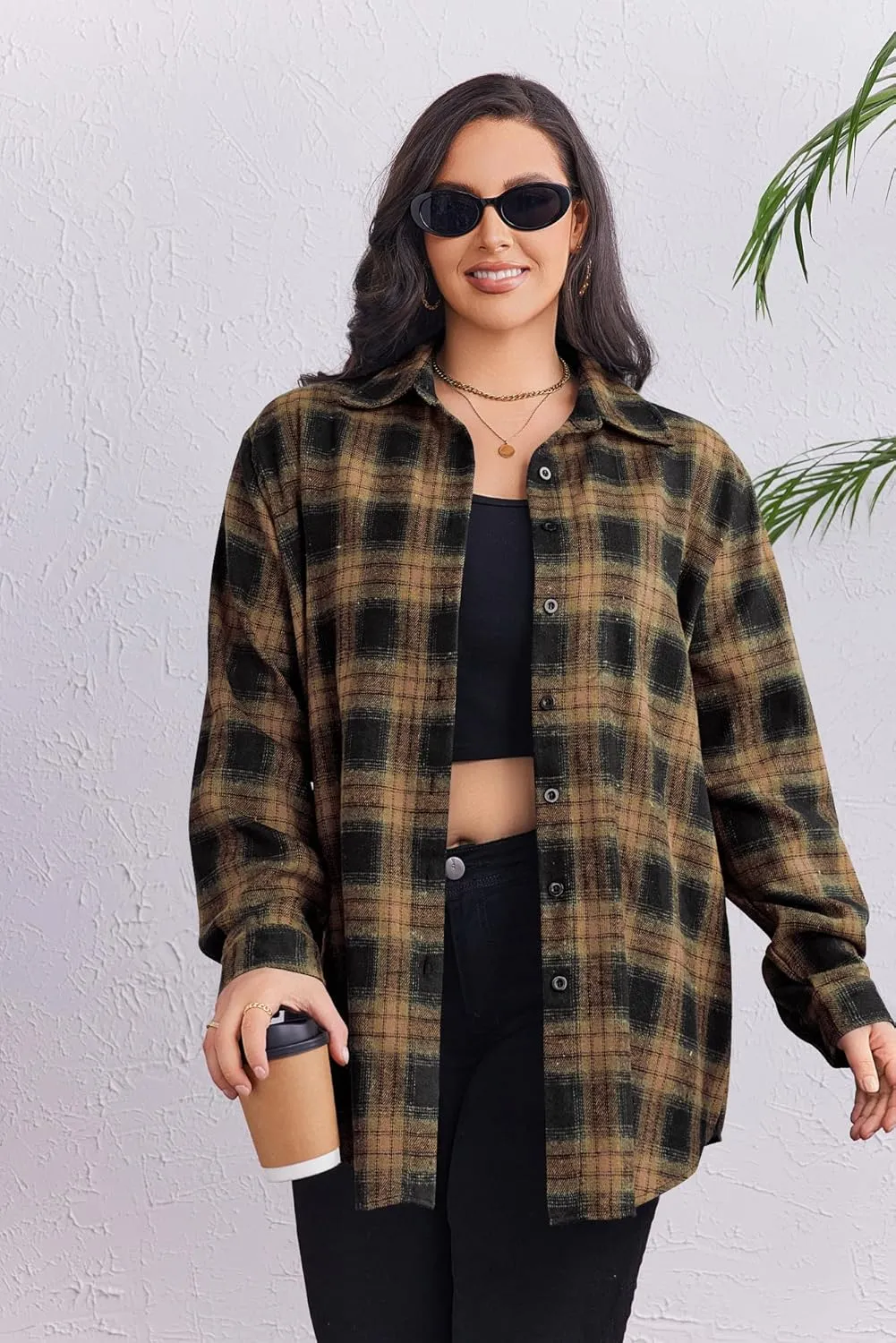 Zeagoo Womens Plus Size Flannel Shirt Plaid Shirts Long Sleeves Casual Button Down Collared Shacket Tops 16W-26W