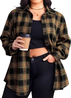 Zeagoo Womens Plus Size Flannel Shirt Plaid Shirts Long Sleeves Casual Button Down Collared Shacket Tops 16W-26W