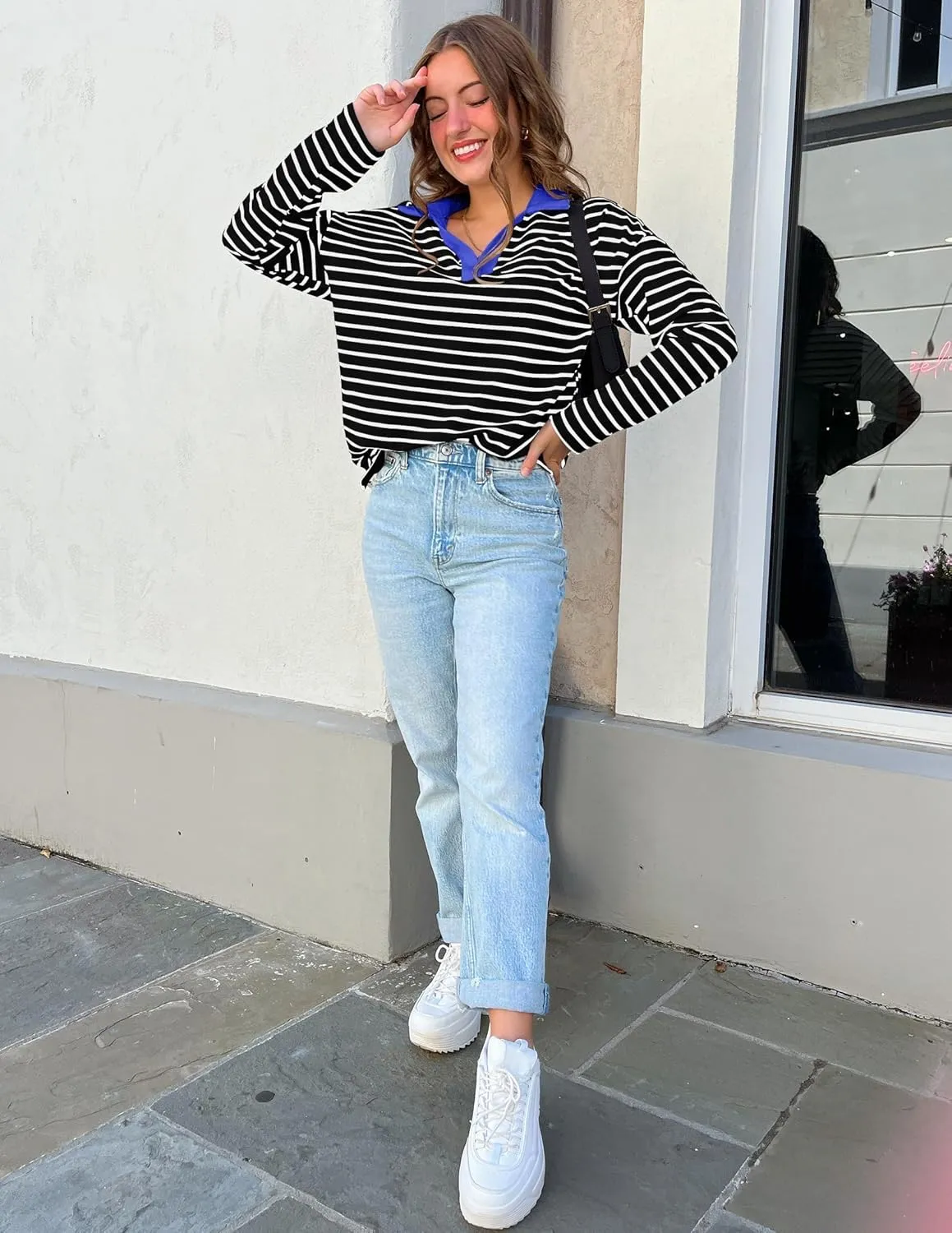 ZESICA Womens Striped Long Sleeve Tops Oversized Sweatshirt V Neck Loose Fit Tunic Tops Spring Casual Blouses