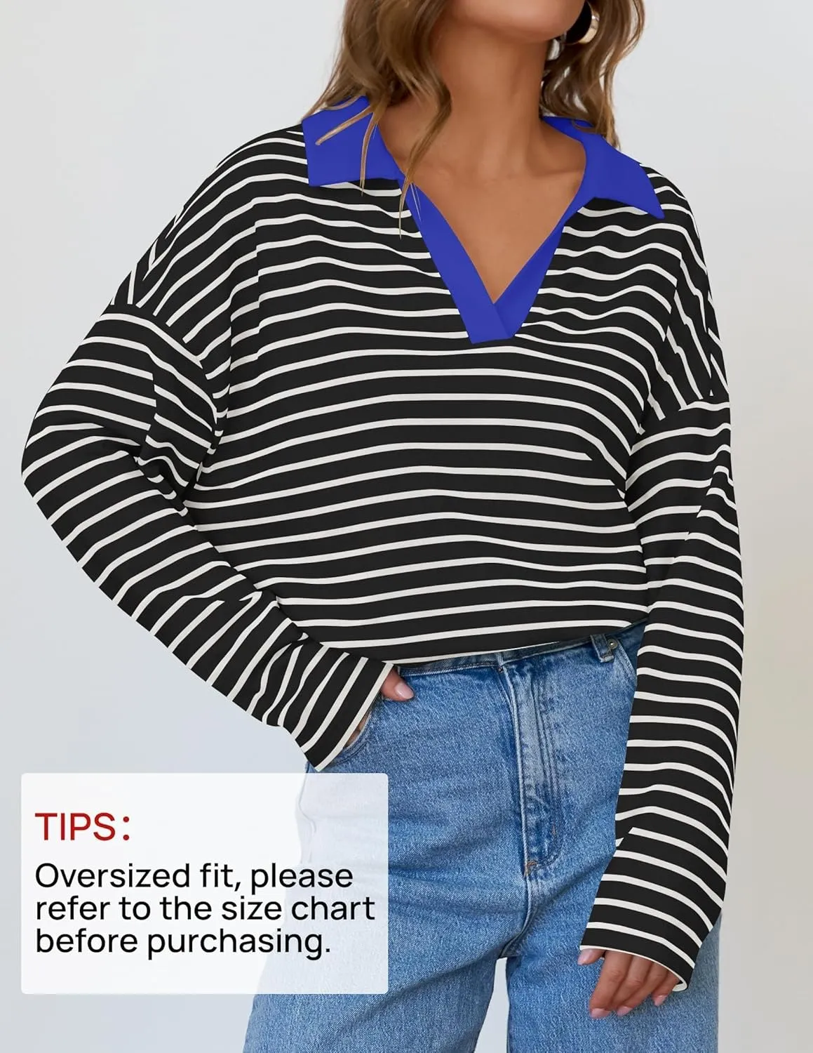 ZESICA Womens Striped Long Sleeve Tops Oversized Sweatshirt V Neck Loose Fit Tunic Tops Spring Casual Blouses