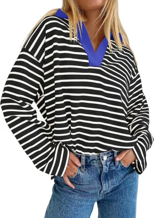 ZESICA Womens Striped Long Sleeve Tops Oversized Sweatshirt V Neck Loose Fit Tunic Tops Spring Casual Blouses