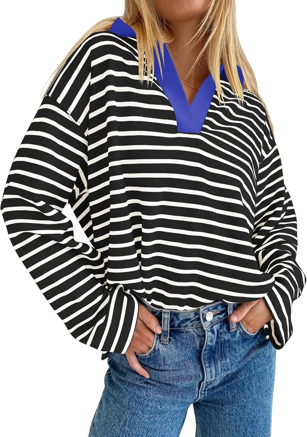 ZESICA Womens Striped Long Sleeve Tops Oversized Sweatshirt V Neck Loose Fit Tunic Tops Spring Casual Blouses